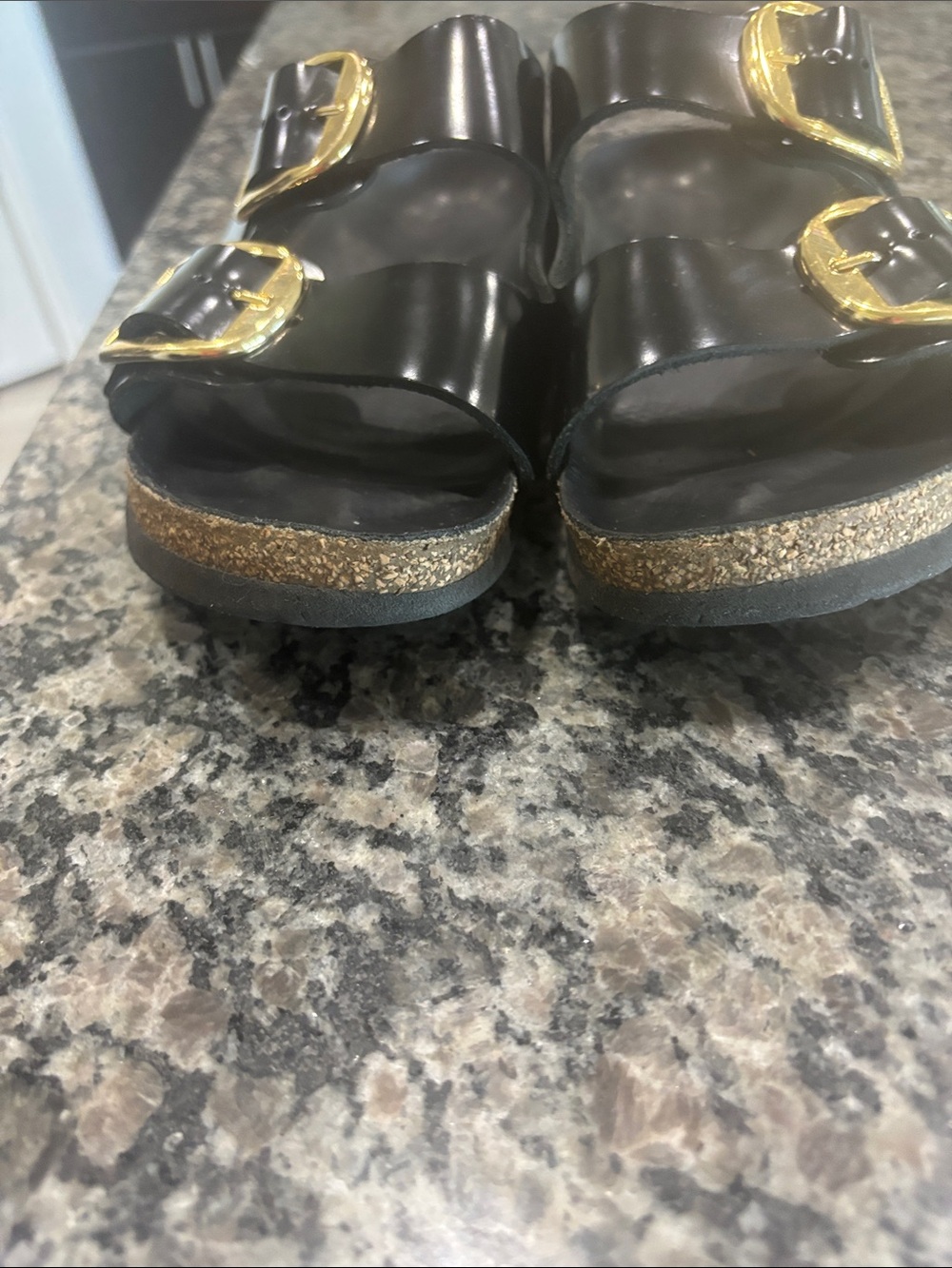 Birkenstock Black Arizona Sandals with Gold Buckles - Picture 3 of 6